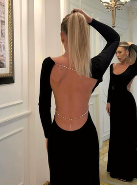 XY24478秋季2024新款长裙 时尚优雅性感露背链条长袖气质连衣裙