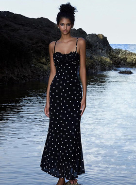 欧美风2024跨境新款女装夏季INS法式气质修身露背波点吊带连衣裙