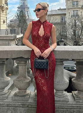 欧美辣妹镂空蕾丝无袖连衣裙2026新款性感修身显瘦包臀开叉裙批发