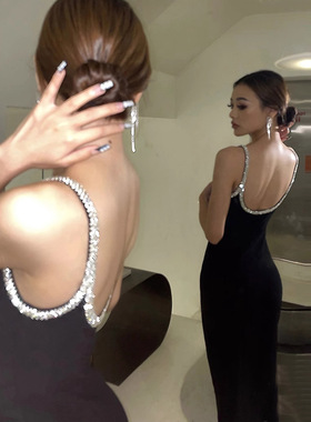 欧美黑色钻石闪闪修身性感吊带连衣裙女露背轻奢礼服裙子年会9893