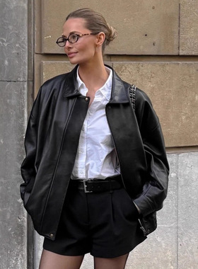 复古机车风黑色皮衣外套女2025秋冬新款欧美高级感宽松翻领