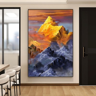 日照金山玄关装饰画大芬村手绘油画客厅挂画高级感入户正对门壁画