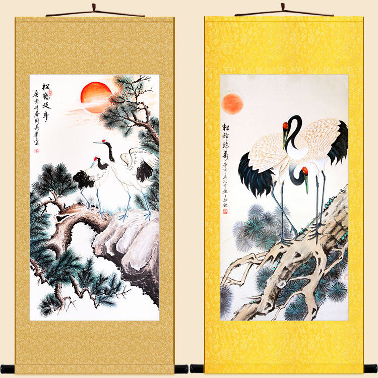 松鹤延年图 仙鹤松树贺寿拜寿花鸟画卷轴挂画 中式书房装饰画