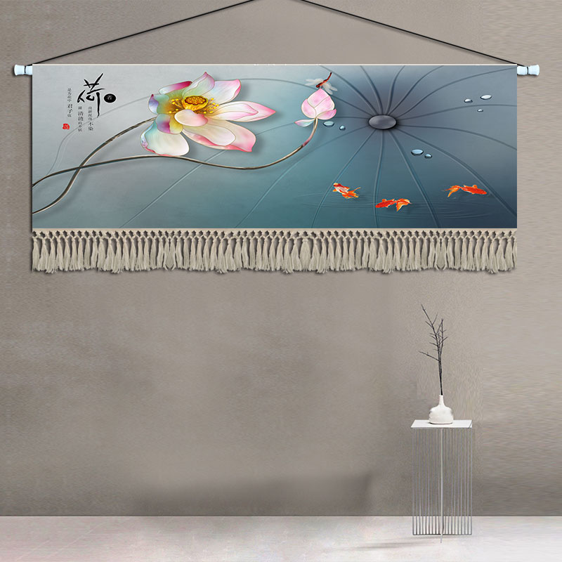 新中式荷花挂毯布艺卧室客厅装饰画背景墙挂画餐厅壁画酒店挂布画图片