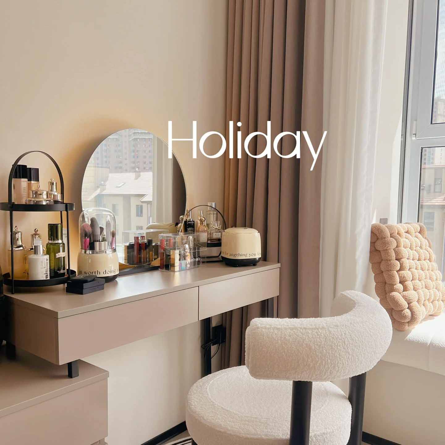 梳妆镜台式化妆镜led三色氛围灯背光镜子大理石底超大镜子简约镜