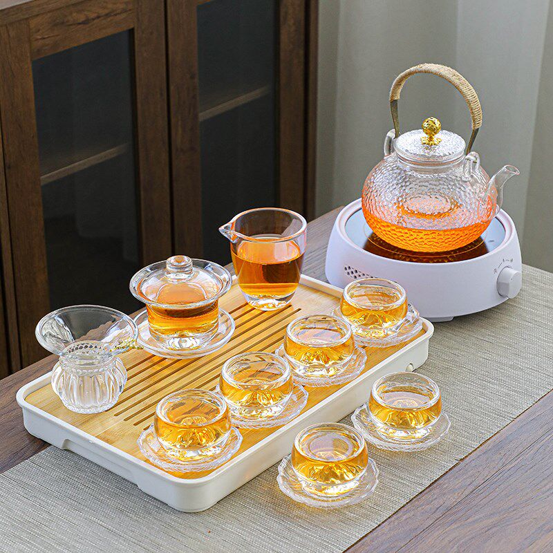 加厚玻璃晶功夫茶具装盖碗泡茶具耐热泡茶器茶盘