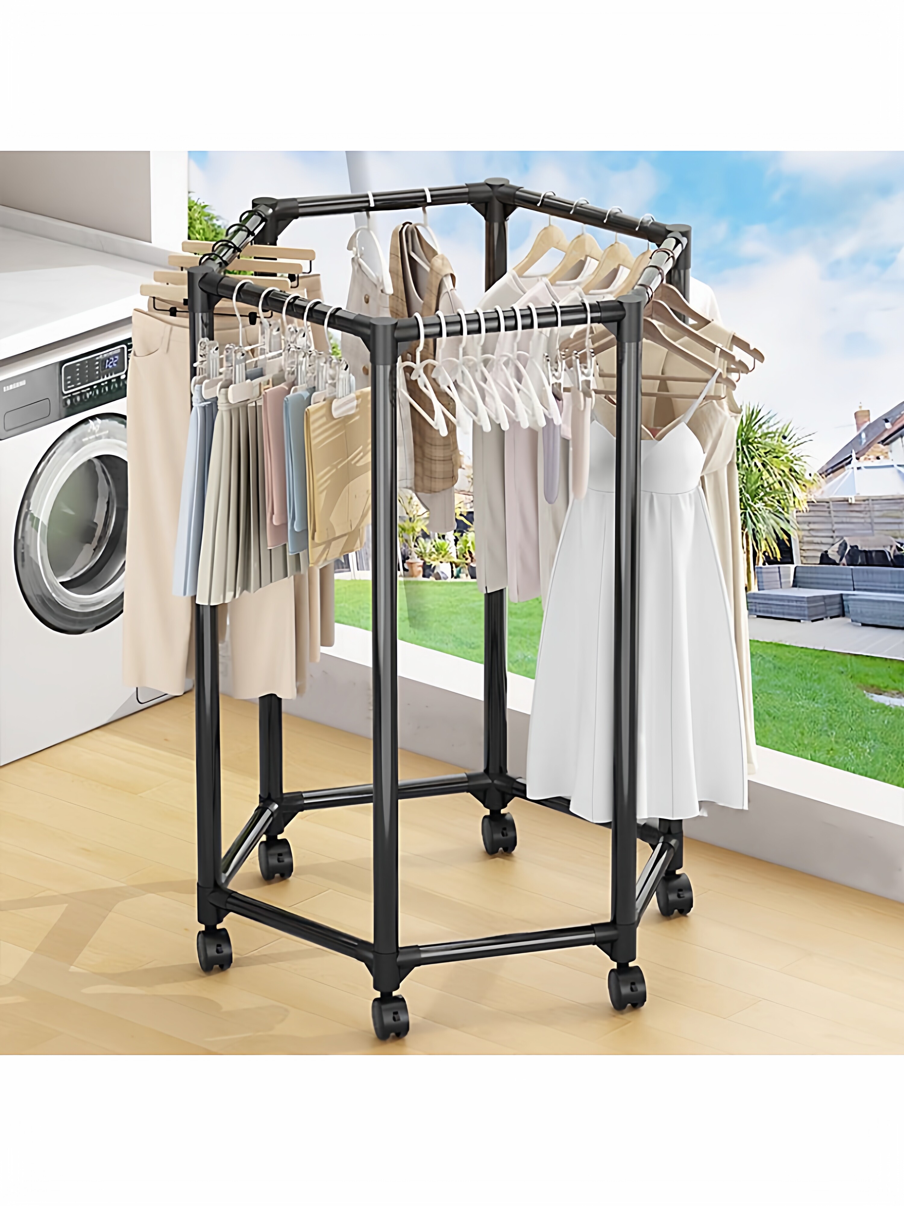 晾衣架落地式阳台家用出租屋衣帽架小型收纳架室内六边形可移动