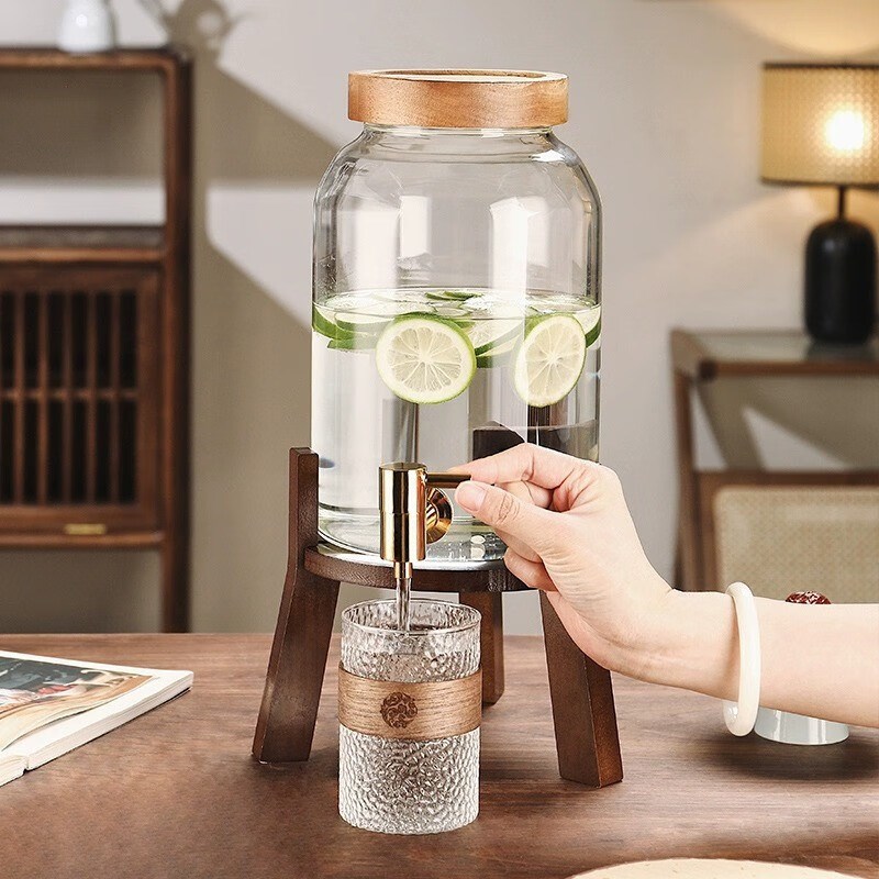 新款3升b高硼硅玻璃泡酒瓶果汁罐带龙头底座相思木螺纹密封凉水壶