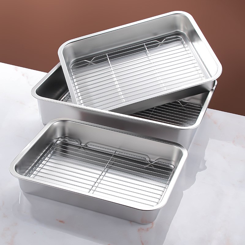 食品级不a锈钢盘带过滤网方盘家用沥水托盘长方形置物烧烤沥油方