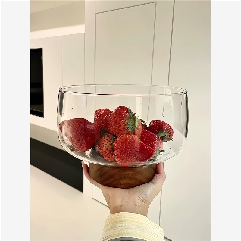 胡桃木玻璃果盘木质干果收纳高脚果盆客I厅茶几家用高端精致高颜