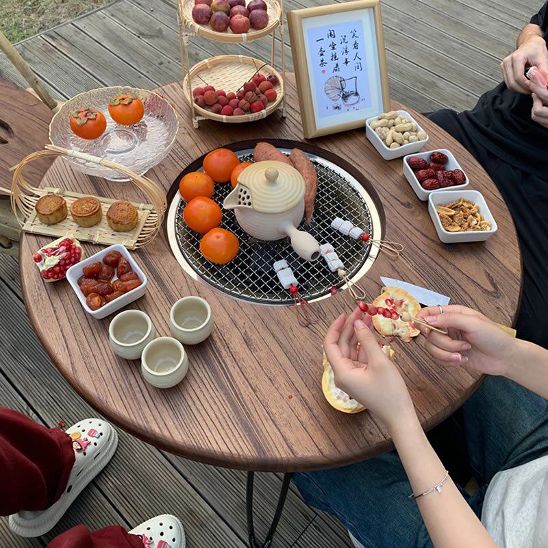 围炉煮茶桌椅可调温老榆木实木茶几炕桌多功能折叠民宿取暖烧烤桌