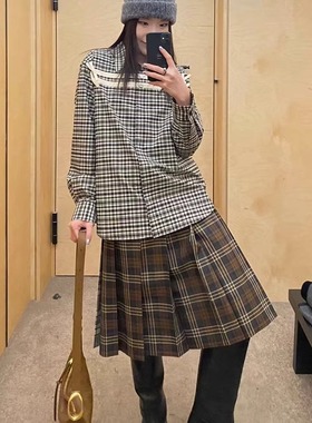 ICEYYmarchen学院风休闲复古英伦格纹蝴蝶结甜美黑白格撞色衬衫女