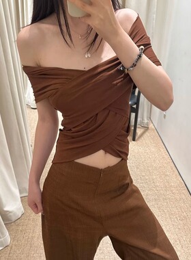 ICEYY cor法式纯欲风一字肩短上衣女设计感气质修身复古长裤tana