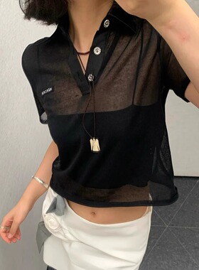 ICEYY赵今麦同款marchen夜色薄透黑POLO上衣微透性修身短袖T恤女
