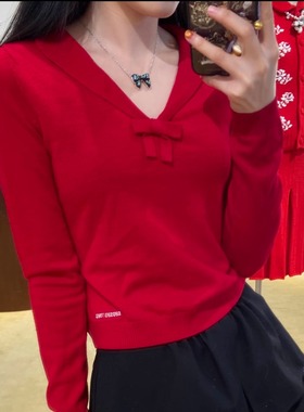 ICEYY shushu圣诞新年氛围感V领蝴蝶结短款针织衫甜美设计感上衣