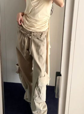 ICEYY open设计感抽绳卷边多口袋工装裤宽松拖地阔腿休闲阔腿长裤