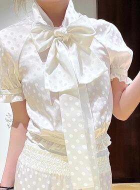 ICEYY shushut法式蝴蝶结领结系带波点白衬衫甜美气质设计感上衣