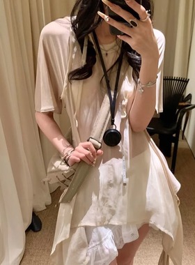 ICEYY lem设计感圆领微透不规则飘带薄款T恤女aire轻奢高级感上衣