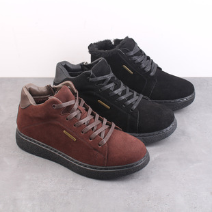 出口韩国单男女款加绒羊毛保暖防滑棉靴发反绒牛皮休闲鞋真皮短靴