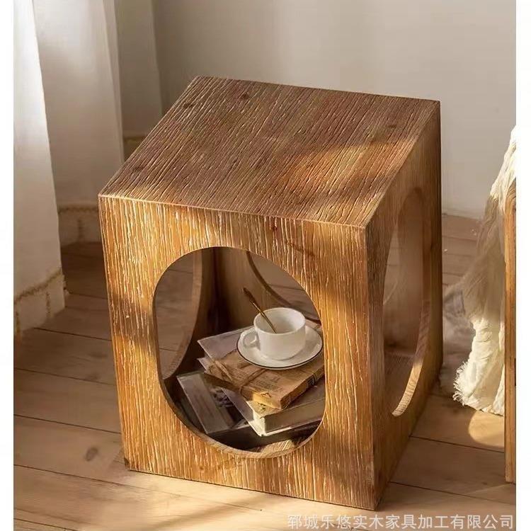 美式沙发边几老榆木卧室床头柜民宿阳台酒店装饰桌子诧寂风咖啡桌