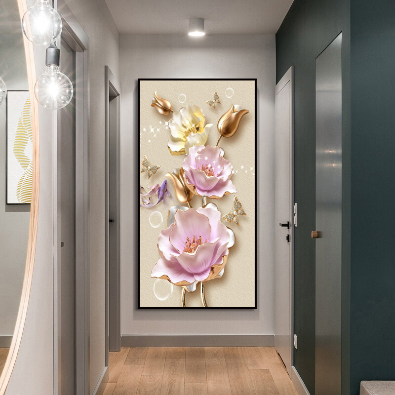 现代简约玄关牡丹装饰画过道走廊竖版挂画进门招财风水楼梯墙壁画图片