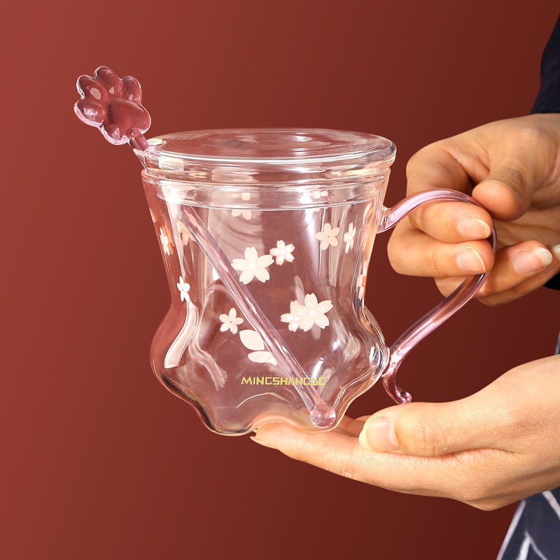 创意高硼硅防爆猫爪玻璃杯子家用早餐牛奶杯办公室泡茶杯带把盖勺
