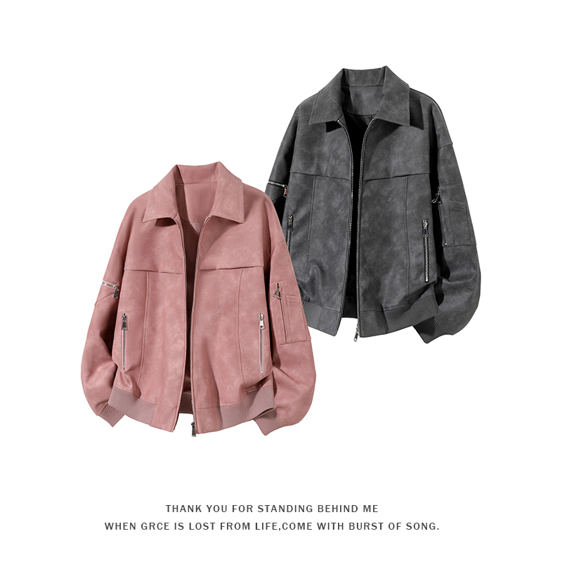 美式复古皮衣男宽松直筒阔腿裤