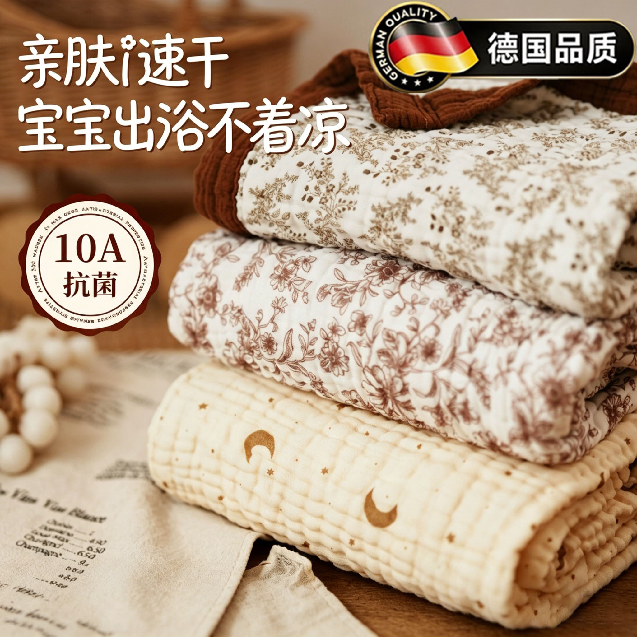 德国婴儿超软全棉浴巾纱布新生儿