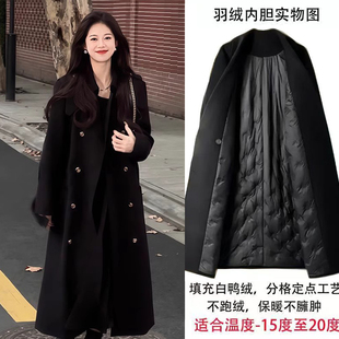 黑色赫本风羽绒服内胆毛呢大衣女2025冬季新款高级感宽松呢子外套