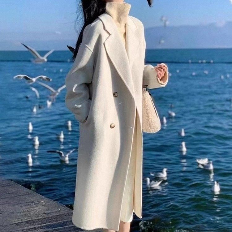 燕麦色双面羊绒大衣女中长款