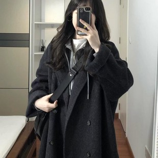 炭黑色羊毛大衣女2025年秋冬季新款中长款宽松双面羊绒高级感外套