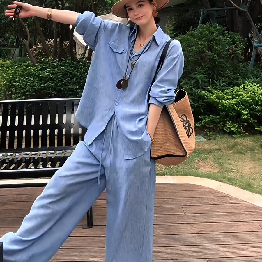 慵懒度假风穿搭天丝套装女超火夏装一整套防晒棉质衬衣长裤两件套