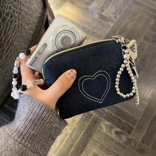 ccd收纳包便携耐脏相机包简约牛仔爱心刺绣卡包证件包耳机零钱包