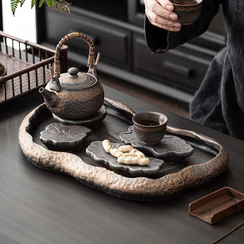 中式荷叶茶盘家用客厅小型陶瓷复古茶几干泡台储水排水式泡茶托盘