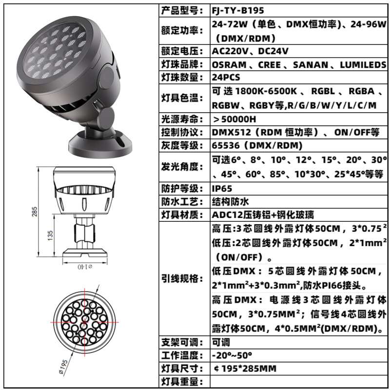染色照树投光灯48W54W72W全彩DMX暖白黄光别墅园林古迹文旅景观亮