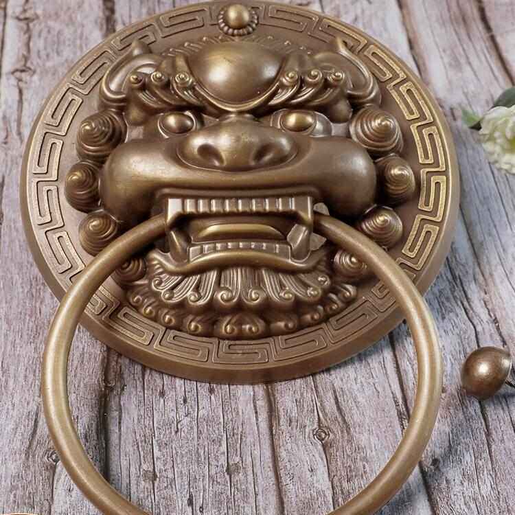 新中式纯黄铜兽头拉手别墅大木门环手把橱柜明装小号仿古虎麒麟头