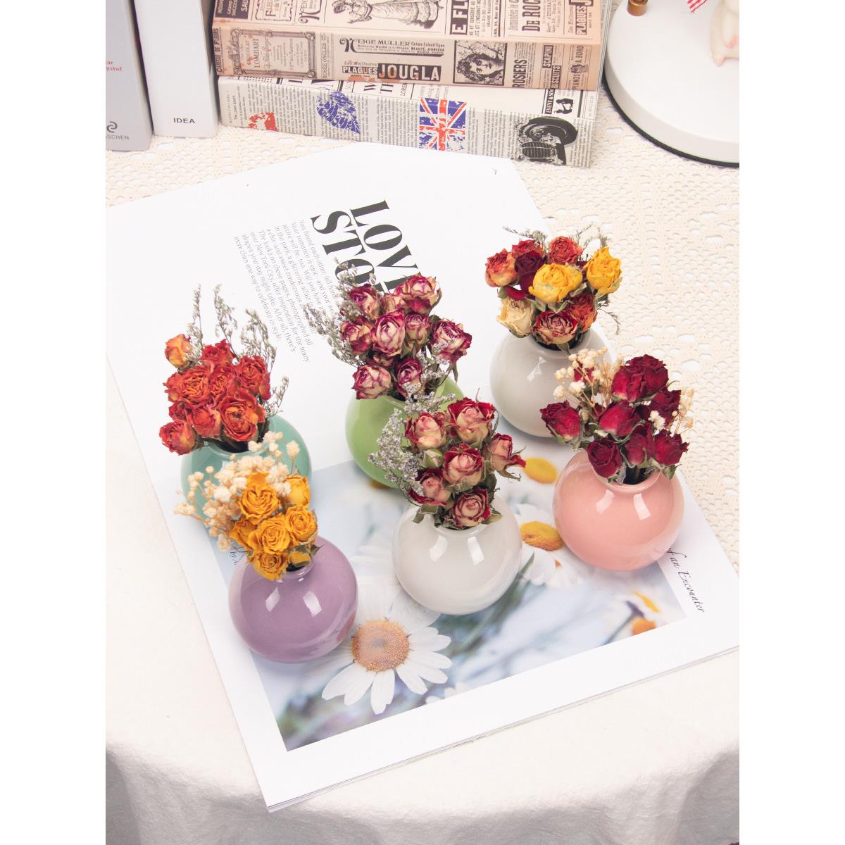 迷你特小花瓶陶瓷干花泡泡玫瑰真花房间装饰桌面小摆件插花高级感