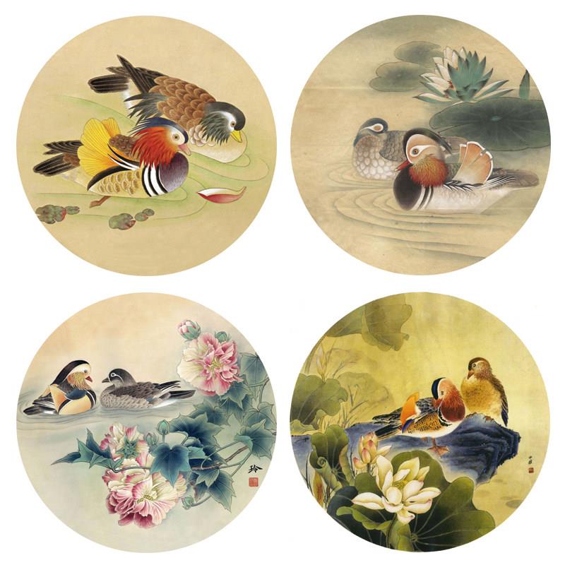 工笔画圆形团扇荷花鸳鸯4幅初学者线描稿白描底稿勾线实物稿TW94