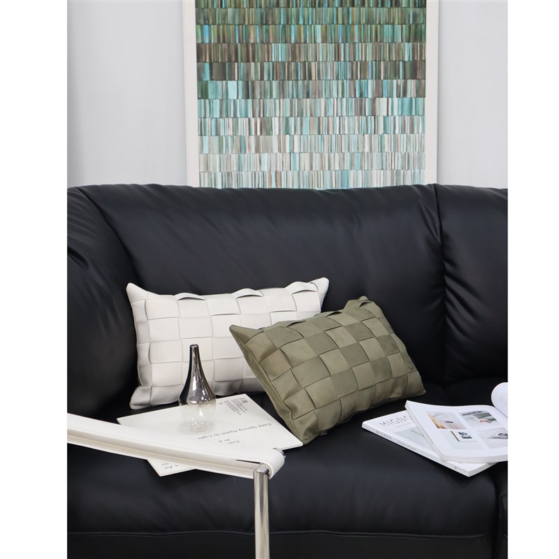 设计师款腰枕30*50cm橄榄绿编织纹格子 鹿皮绒米色腰靠设计抱枕