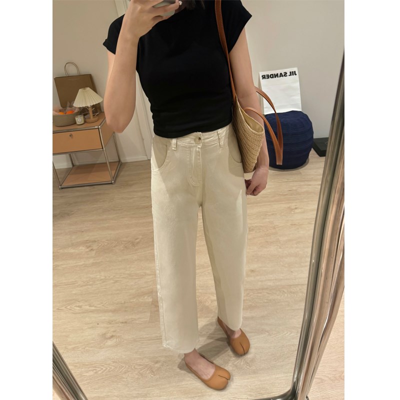 大码女装杏色直筒牛仔裤秋季胖妹妹mm梨形身材宽松显瘦弹力九分裤