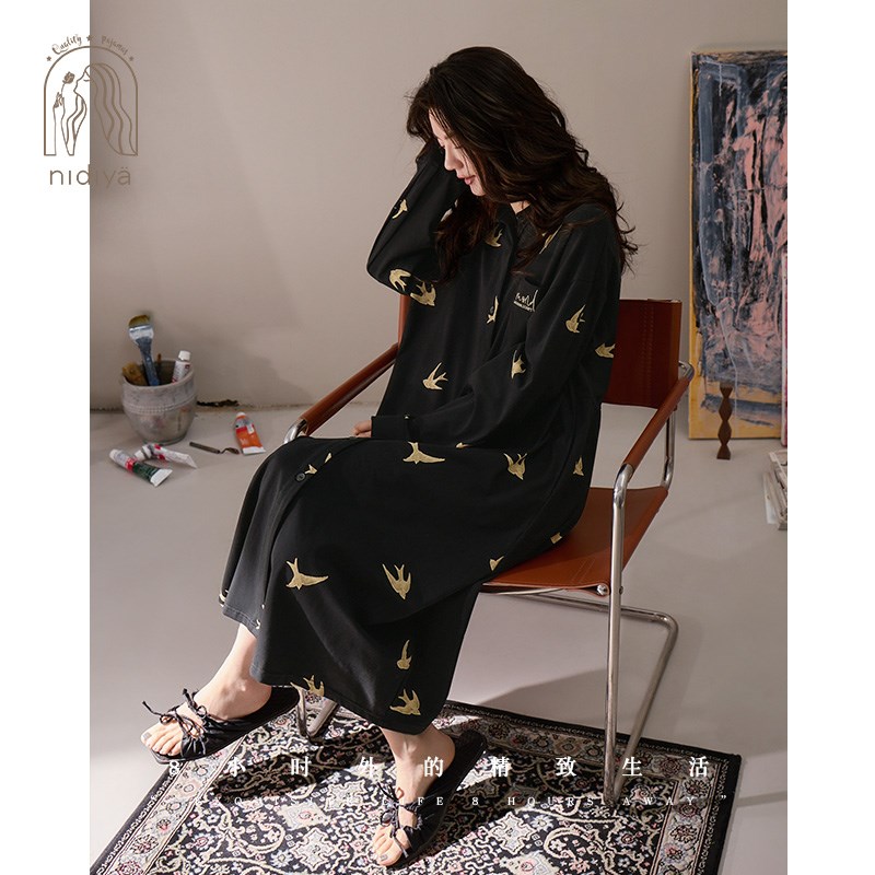 妮狄娅睡衣睡裙女秋季柔软棉长袖宽松中长衬衫裙春秋可外穿家居服