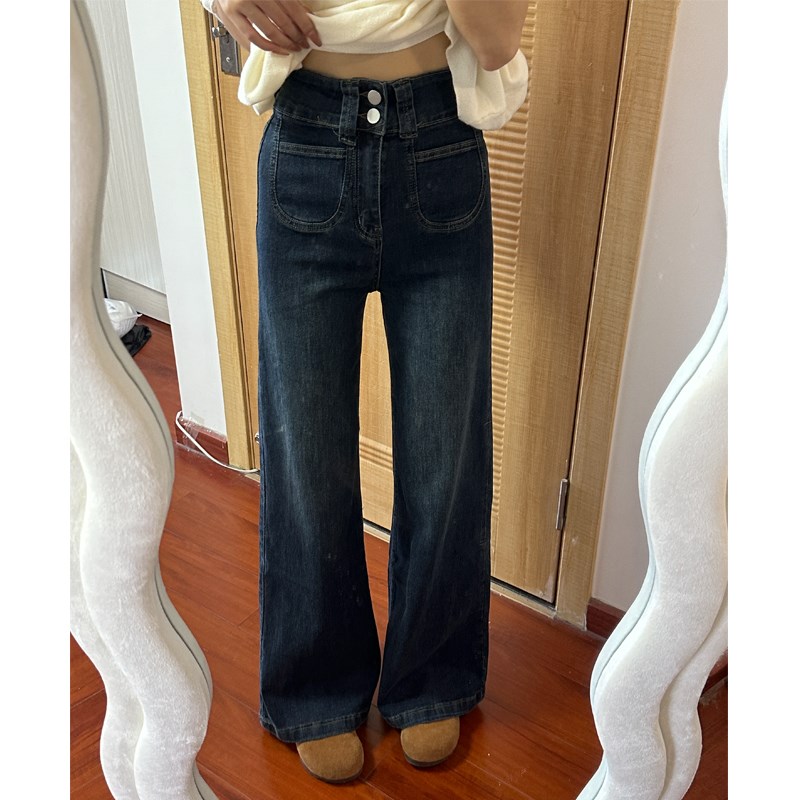 复古蓝微喇牛仔裤女春季新款胖mm梨形身材高腰显瘦不贴腿直筒裤子