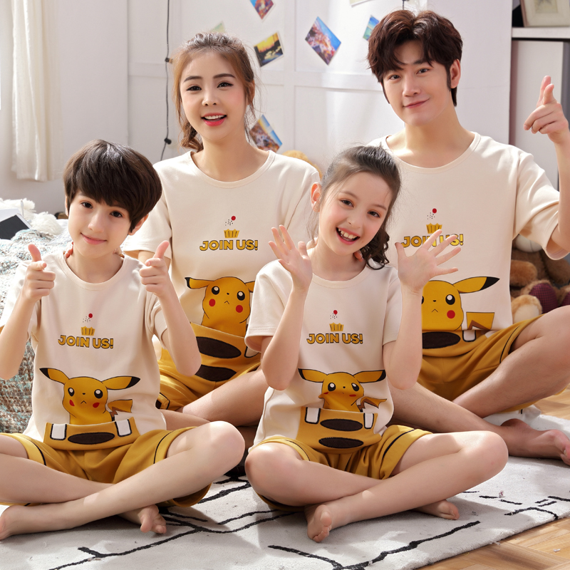 夏季一家三口亲子睡衣母女套装纯棉短袖男孩薄款中大童女童家居服