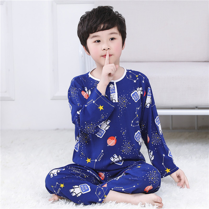夏季儿童棉绸睡衣套装男孩女童绵绸长袖家居服宝宝小孩薄款空调服