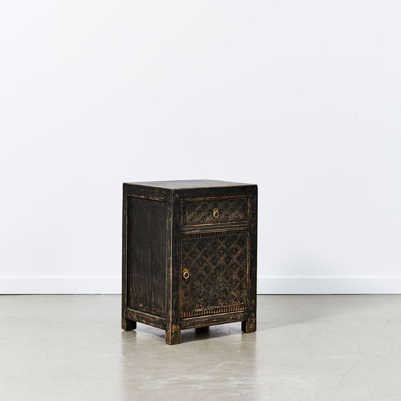 复古雕刻实木床头柜中式古朴床边柜一屉一门卧室收纳柜民宿储物柜