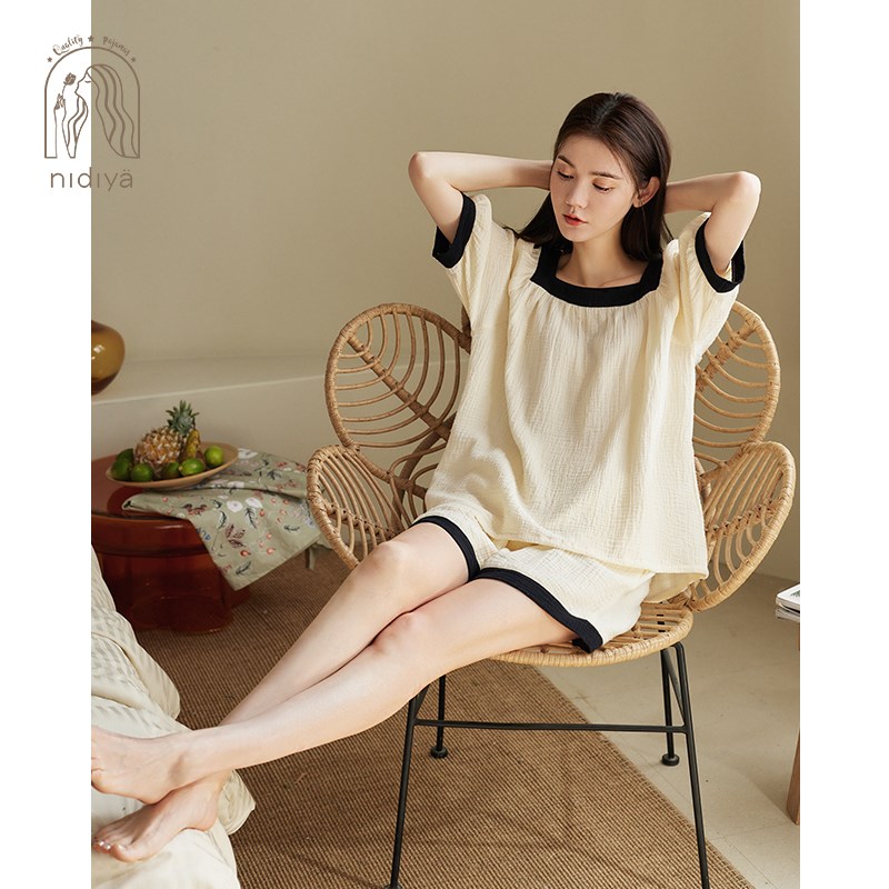 妮狄娅2024睡衣女士夏季纯棉短袖法式方领简约薄款少女家居服套装