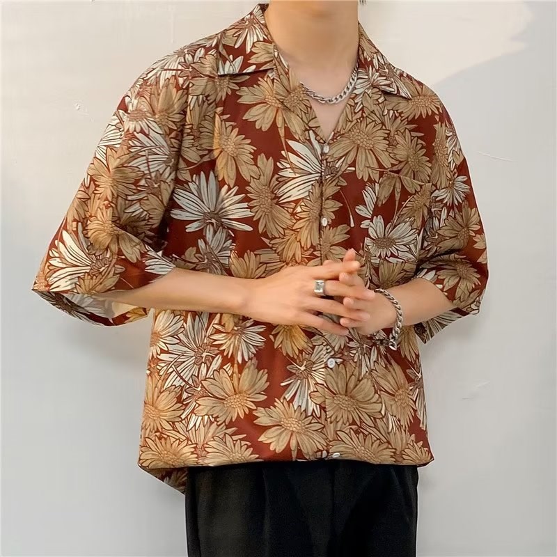 2025泰式古巴领碎花衬衫男女复古夏威夷度假宽松情侣沙滩短袖衬衣