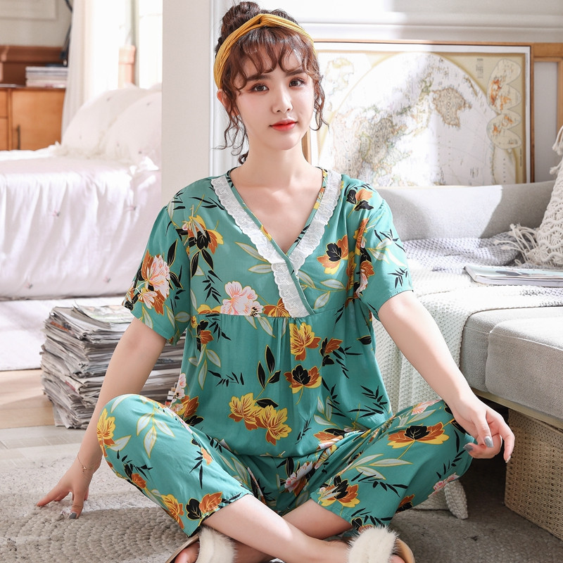 棉绸睡衣女士夏季套装短袖长裤可爱薄款夏天绵绸春秋家居服两件套