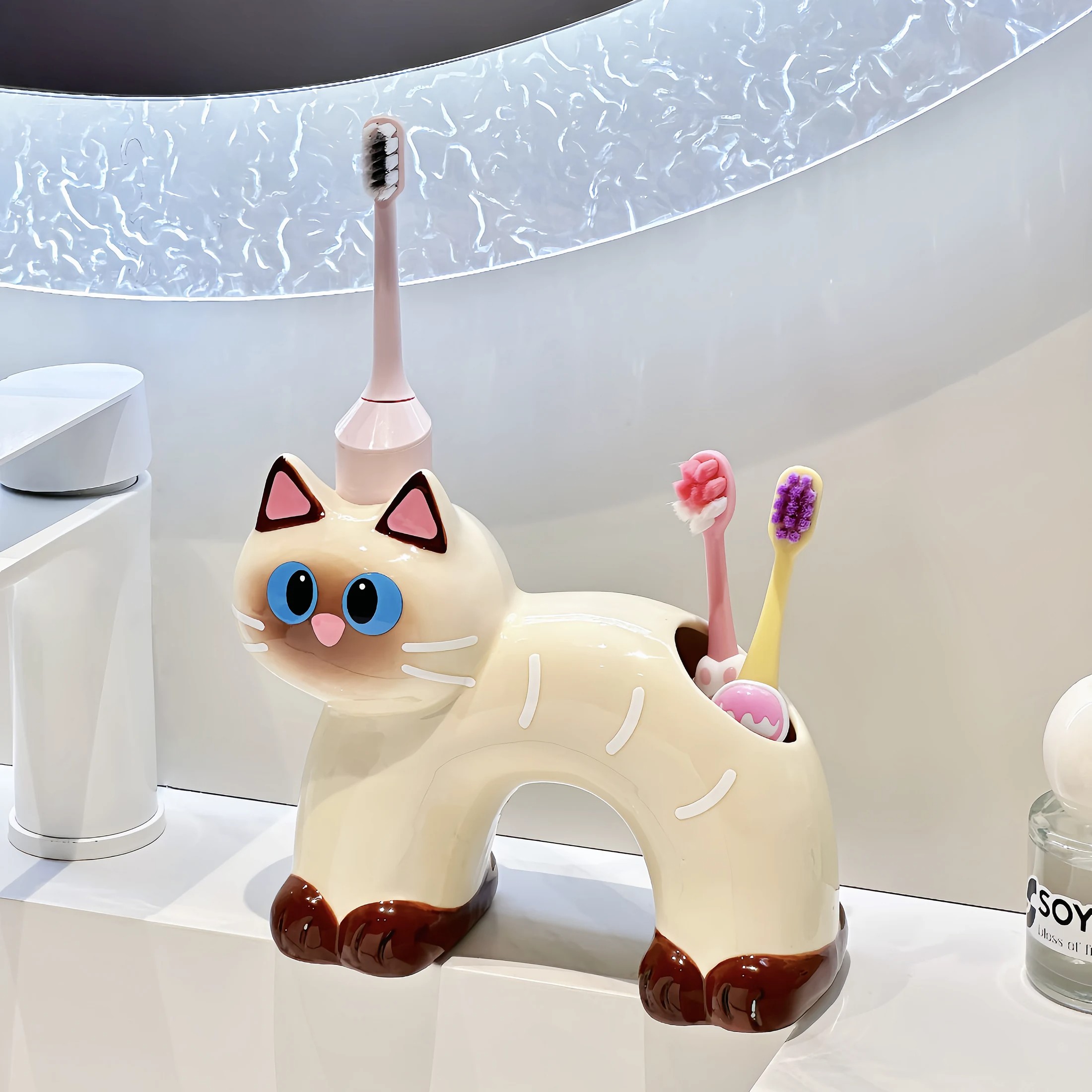 猫咪陶瓷免打孔电动牙刷牙膏架