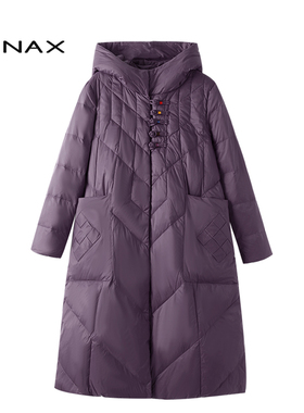 TENAX 2025冬款宽松大码中年妈妈新中式国风鸭绒连帽中长款羽绒服